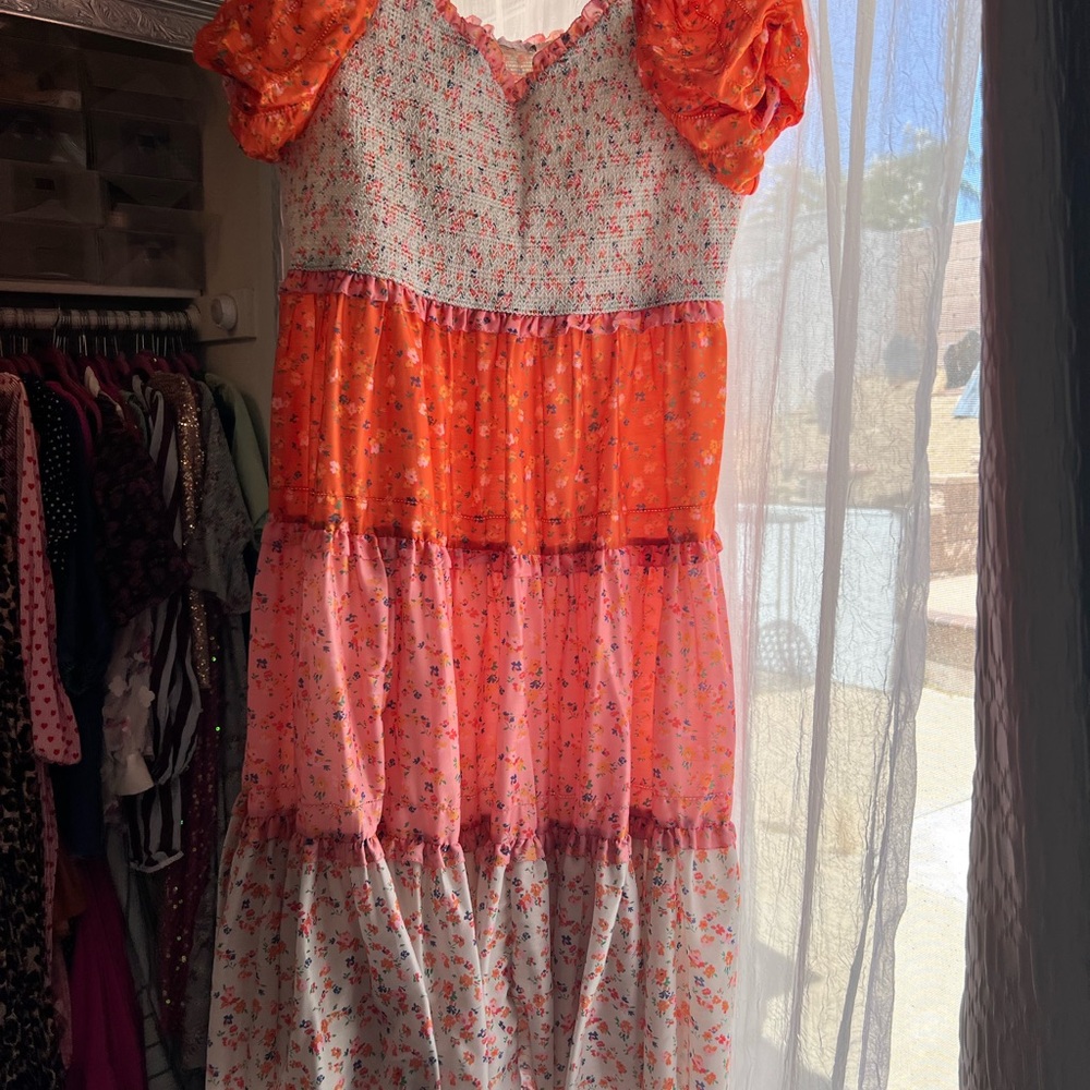 Ivy City Co Floral Midi Dress - Orange, Pink, White